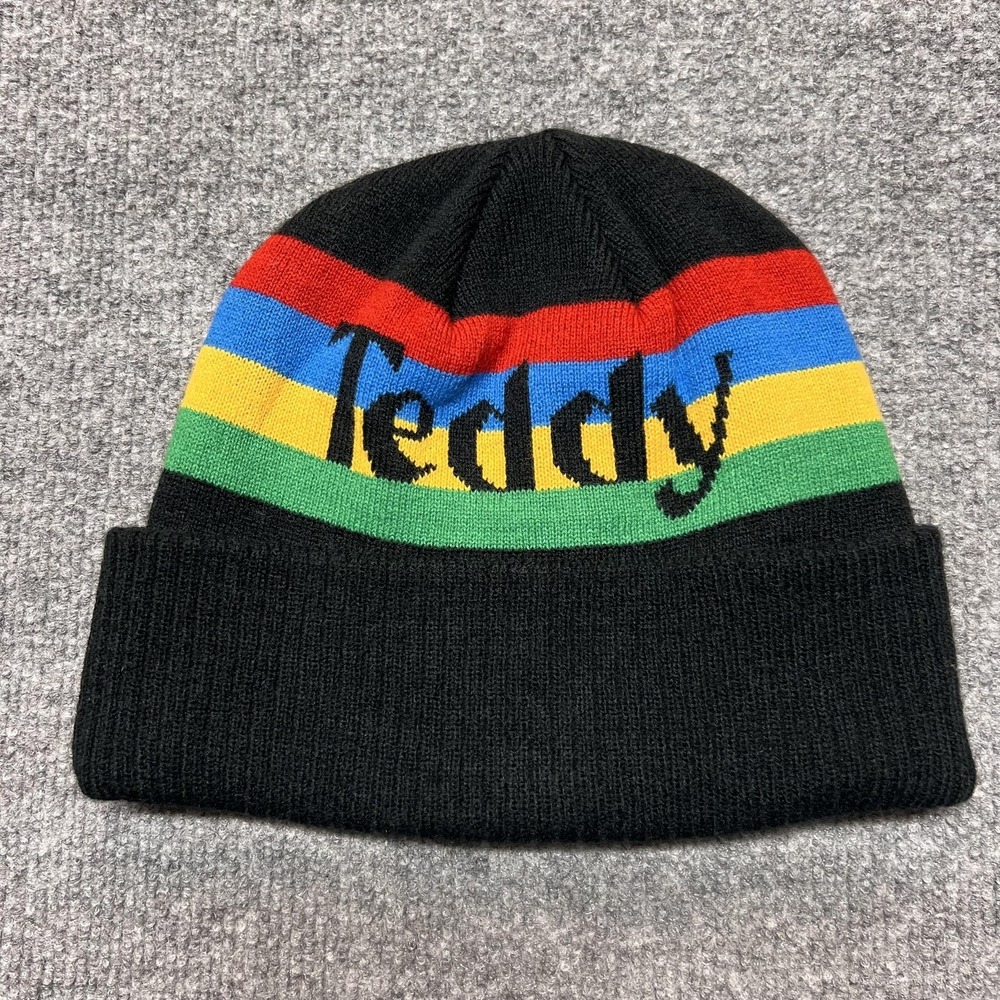 Teddy Fresh Beanie Mens One Size Black Rainbow Striped Cuffed Knit Winter